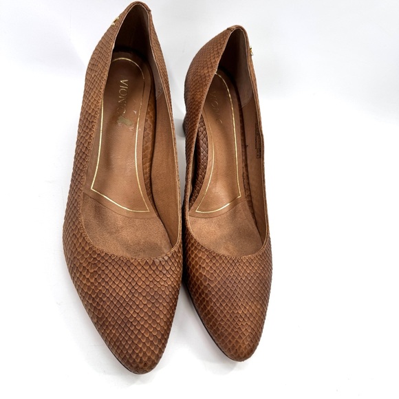 Vionic Madison Mia Brown Snake Heels 9.5 Leather Chunky Heel Comfort - Picture 1 of 13
